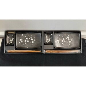 KAFUH, Sousaku, JAPAN, Black Sakura Cherry Blossom Sushi Plates 2 Person Set